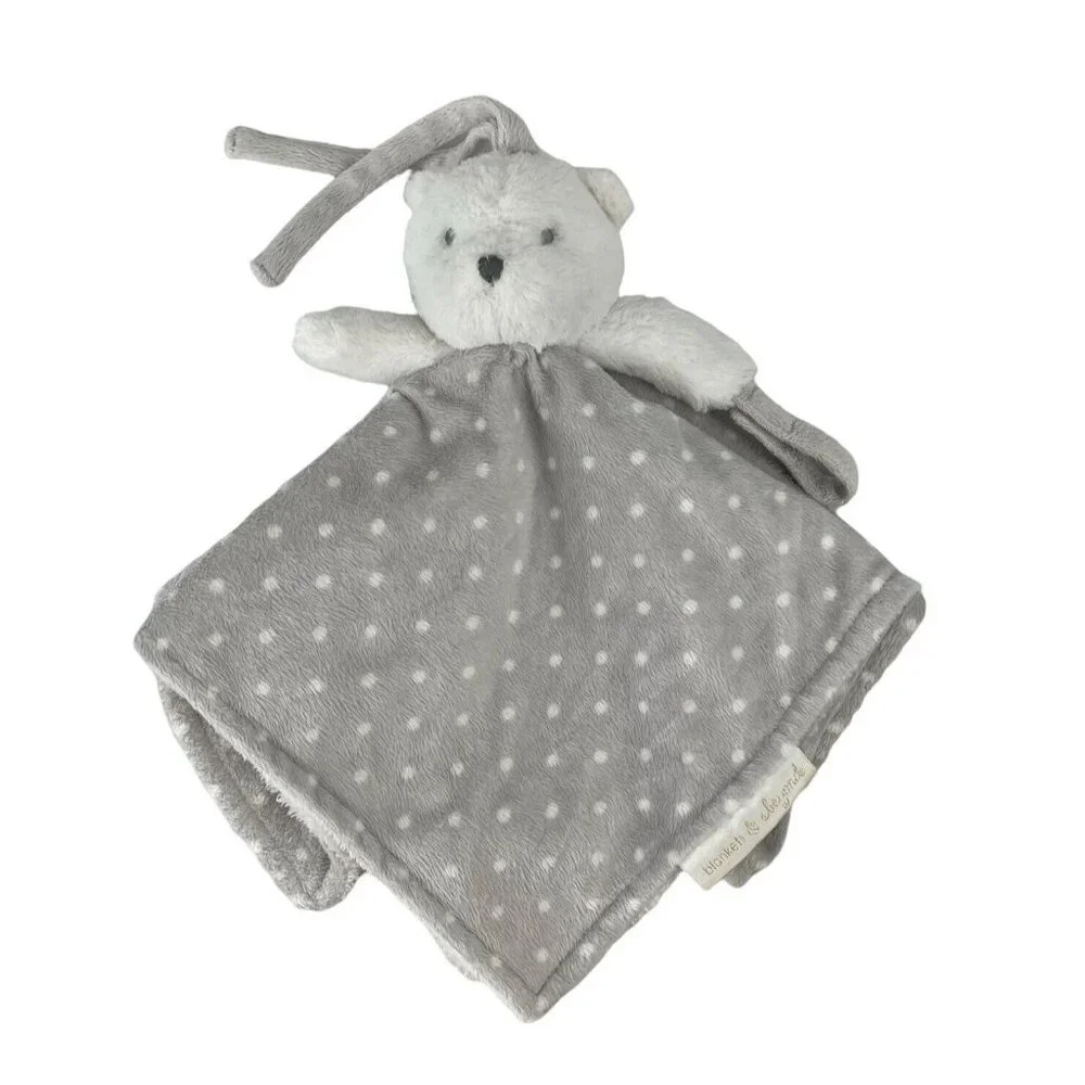 Blankets‎ & Beyond Teddy Bear Grey White Polka Dot Lovey Blanket Pacifier Holder